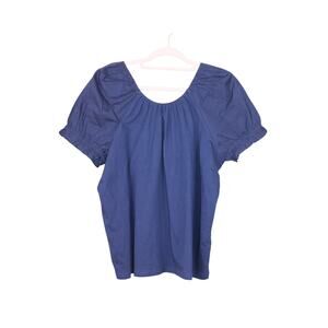 J Crew Navy Blue Short Puffy Sleeve Cotton Cutout Back Casual Peasant Top Size L